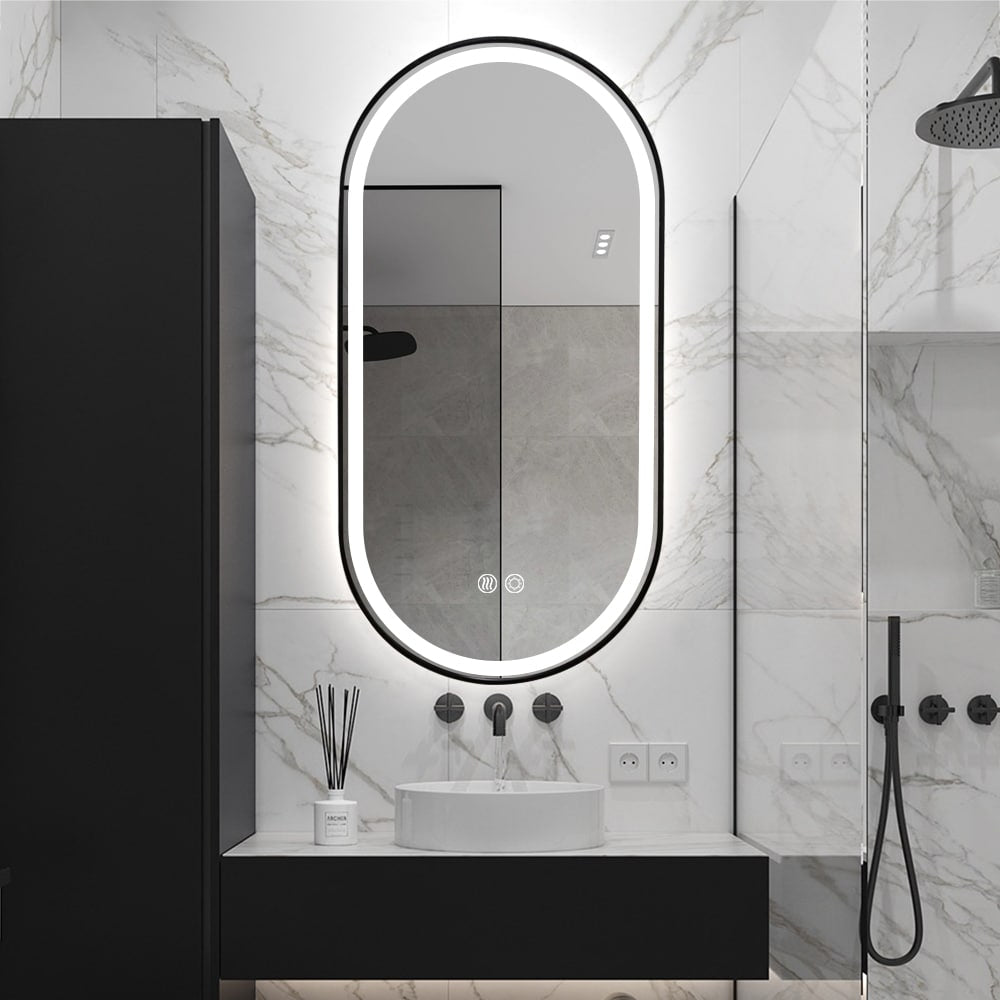 Black Oval LED Bathroom 130cm x 70cm Frosted Edge Defogger Dimmable Vanity Wall Mirror