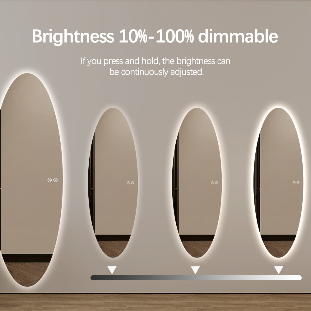 Modern Oval Glow LED Mirror 50cm × 150cm Frameless Tricolour Dimmable Wall Mounted Mirror