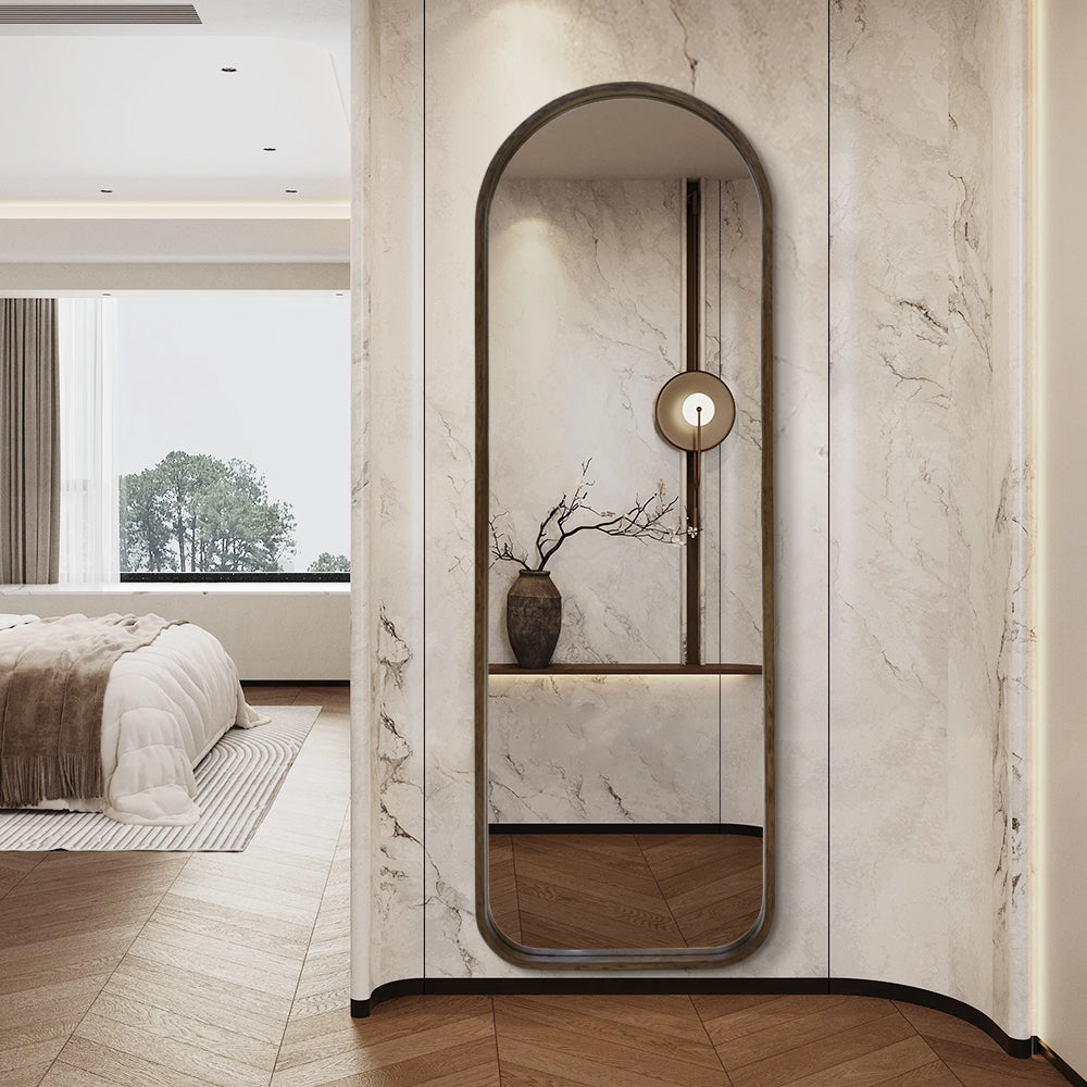 Modern Arched Walnut Wood Full Length Mirror 54cm × 168cm Decorative Wall Mounted Mirror