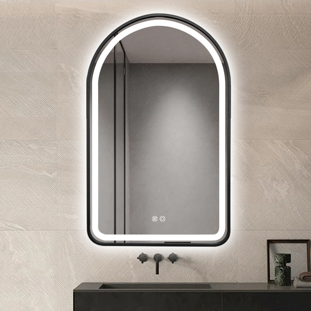 Arched LED Black Frame Wall Mirror 130cm x 70cm Frosted Dimmable Vanity Defogger