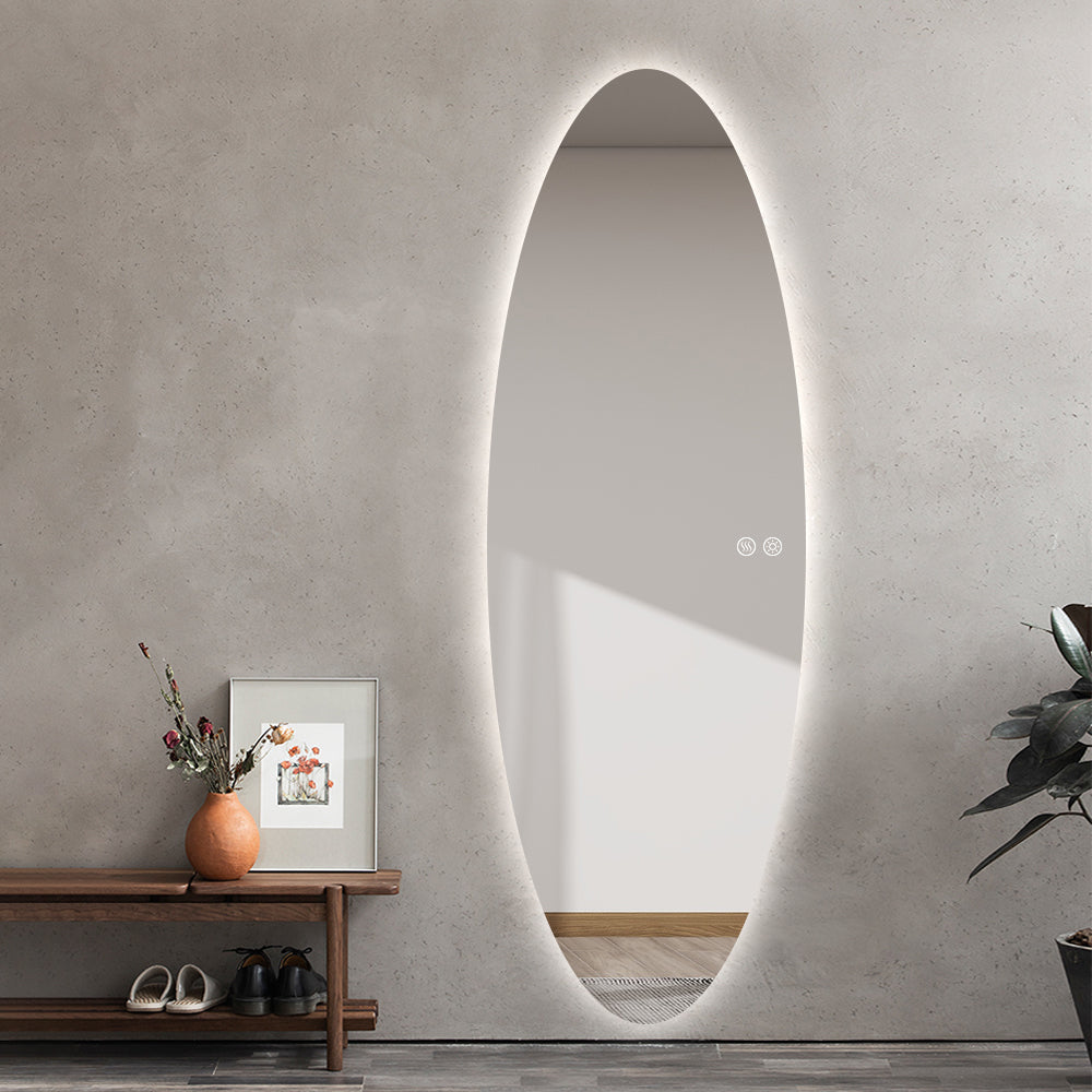 Modern Oval Glow LED Mirror 50cm × 150cm Frameless Tricolour Dimmable Wall Mounted Mirror