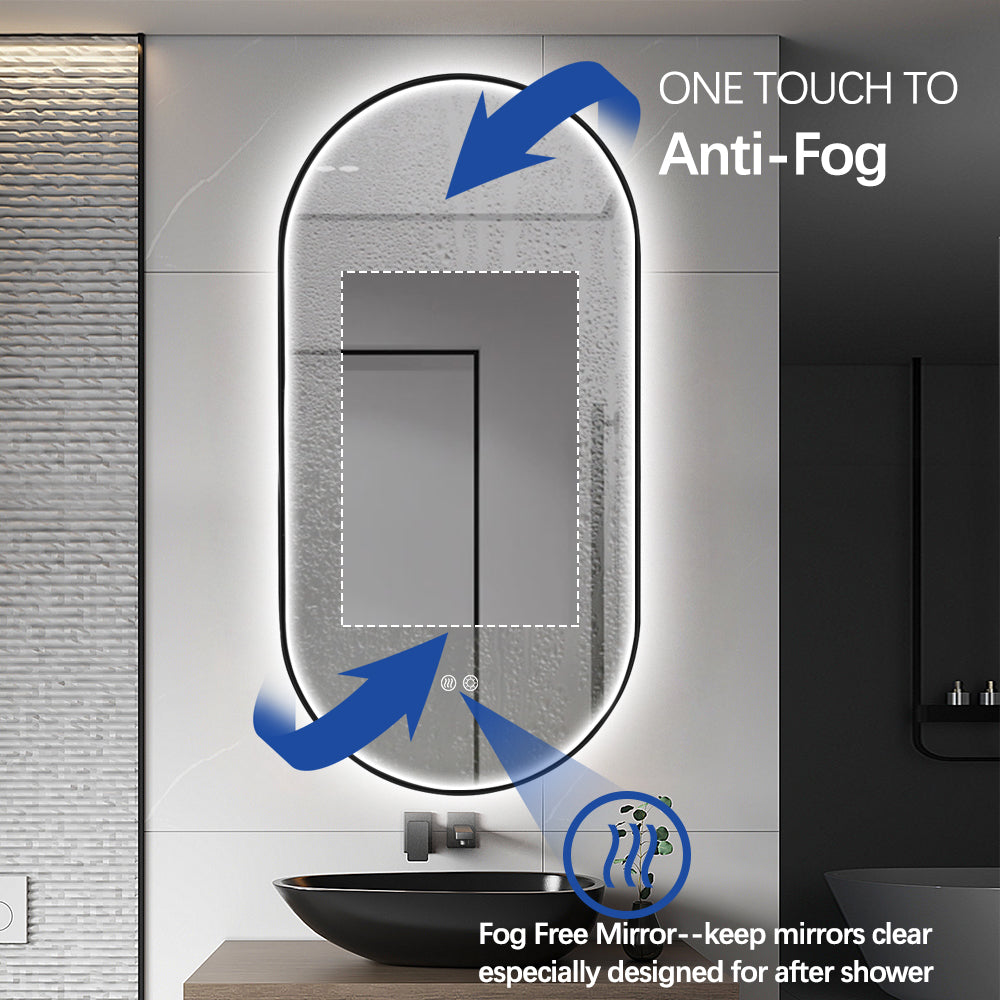 Oval LED Bathroom Mirror 50cm x 100cm Frontlit Black Frame  Defogger Dimmable