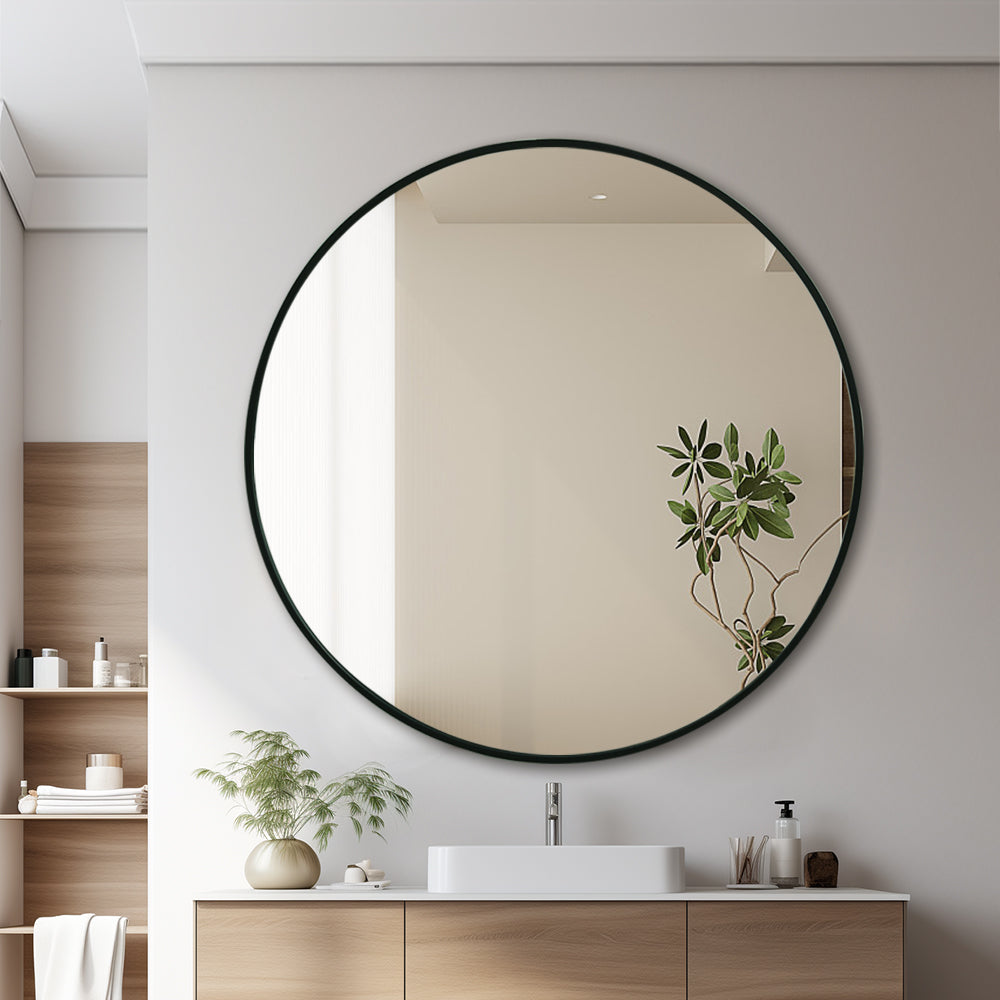 Modern Round Wall Mirror 120cm Black Aluminium Frame