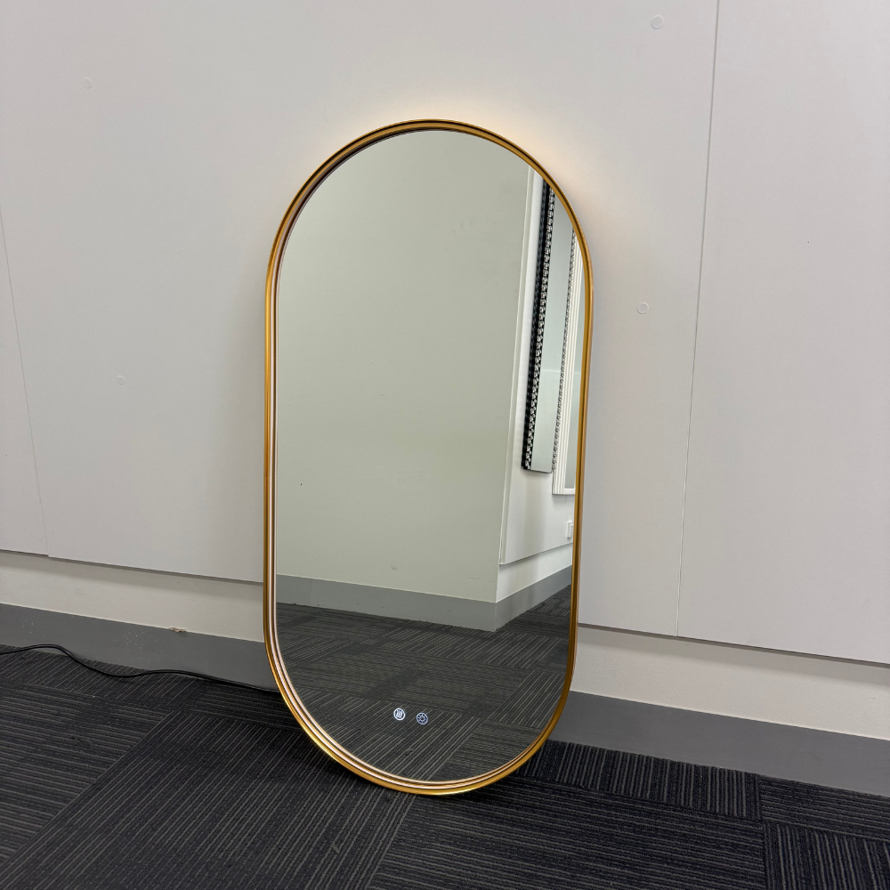 Oval LED Bathroom Mirror 50cm x 100cm Frontlit Gold Frame  Defogger Dimmable