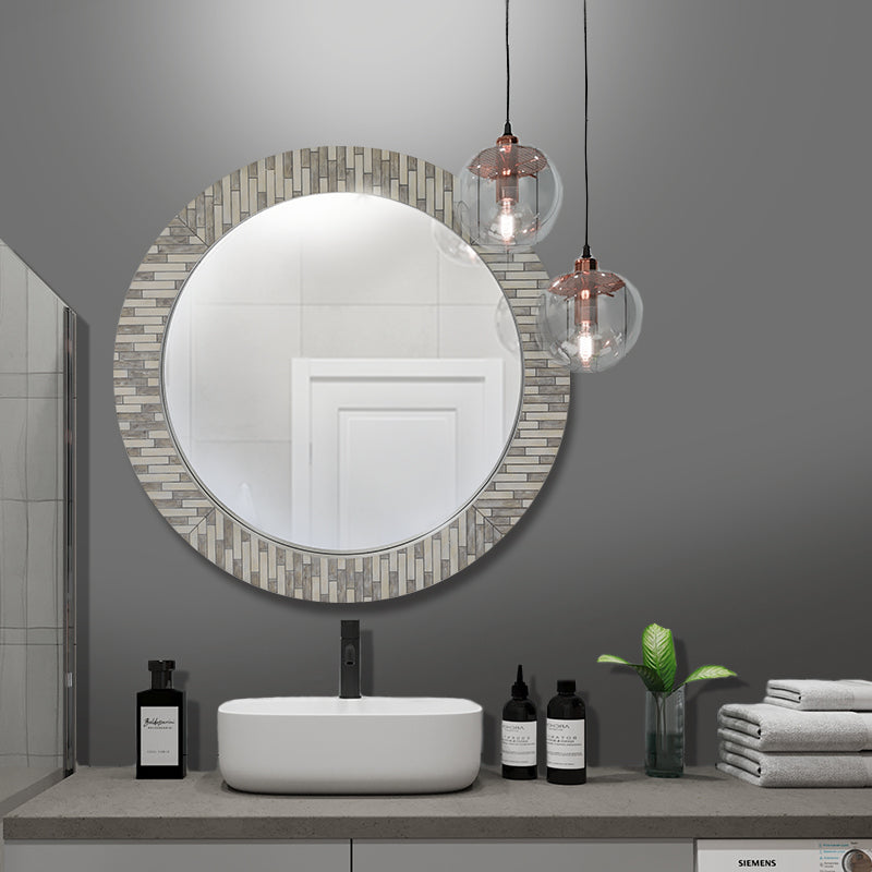 Round Zebra Mosaic Mirror 60cm Grey Wall Mount MDF Frame Modern Accent