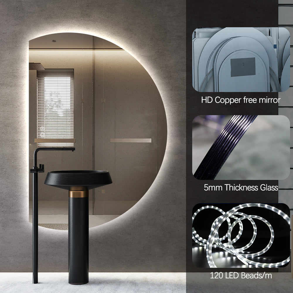 Left Cut Moon LED Mirror 91cm x 130cm Frameless Backlit Wall Mirror