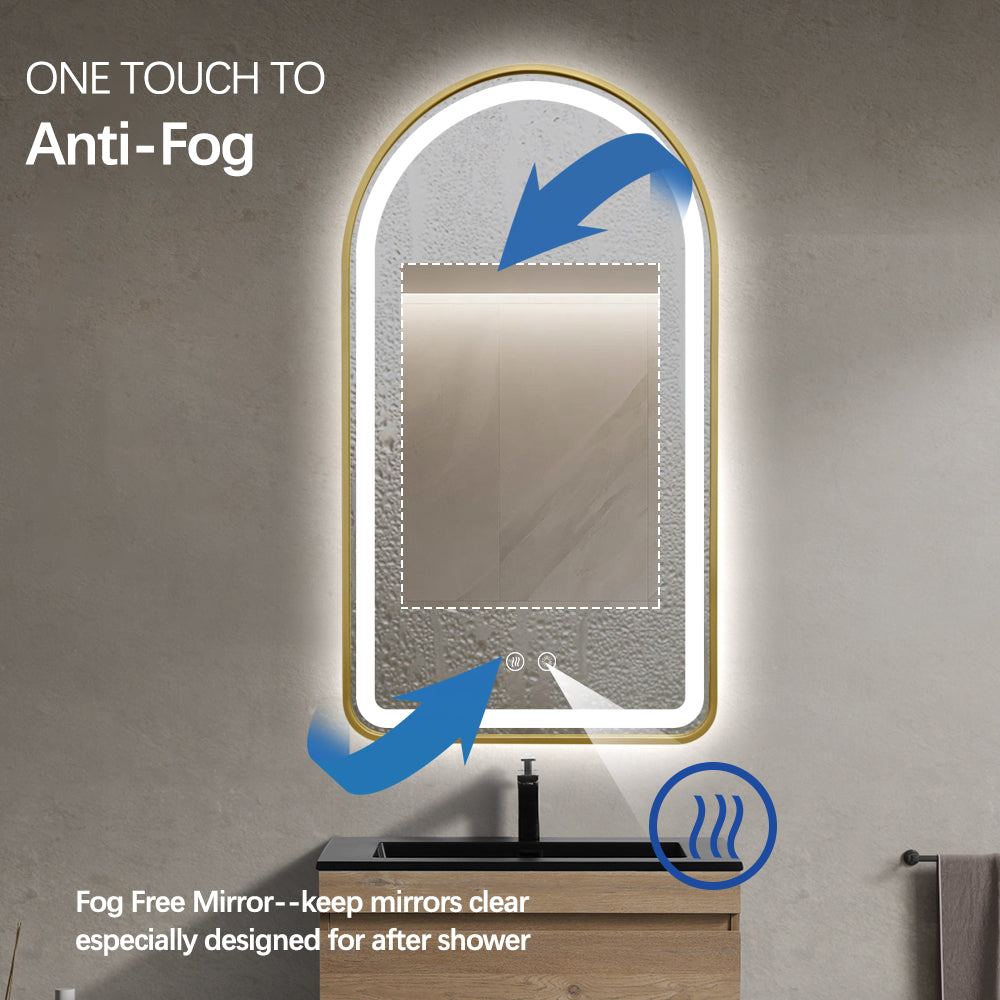 Arched LED Gold Frame Wall Mirror 90cm x 50cm Frosted Defogger Dimmable Vanity