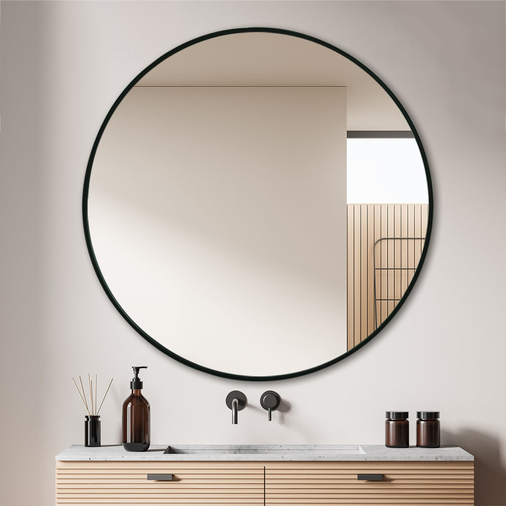 Modern Round Wall Mirror 120cm Black Aluminium Frame