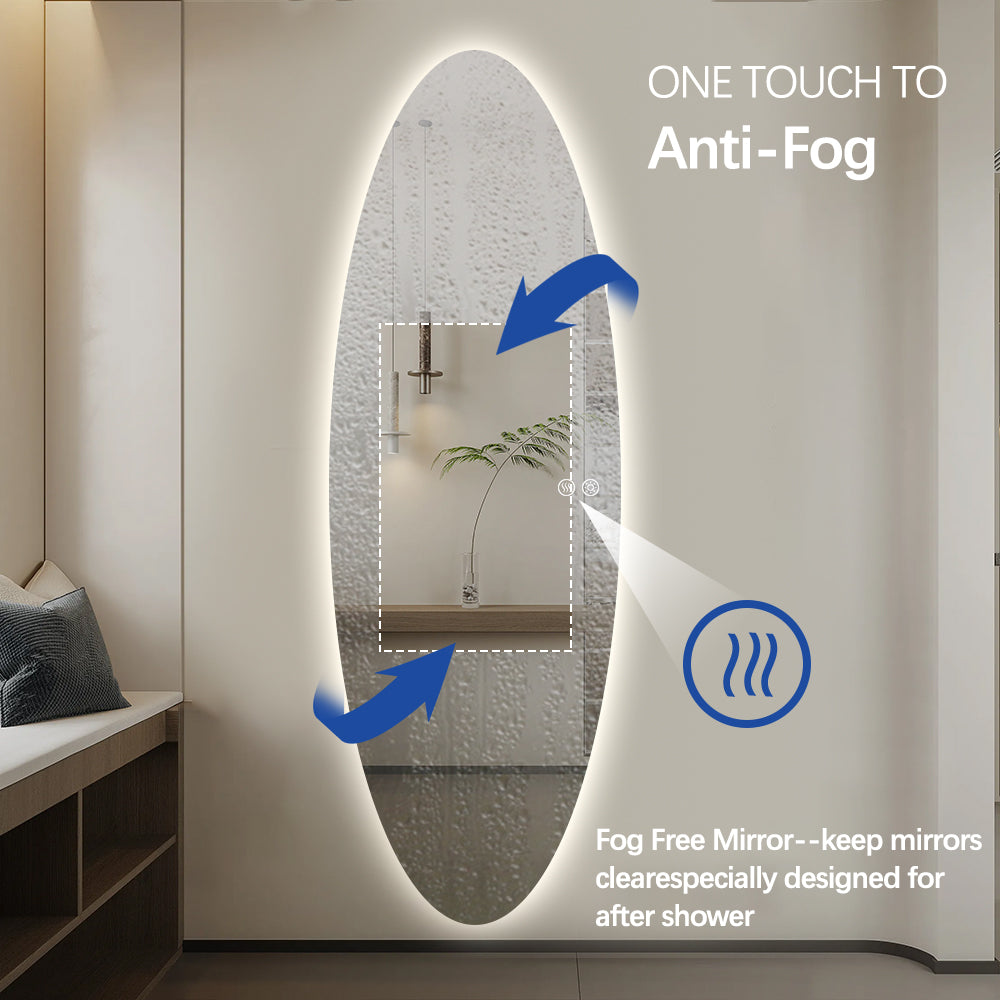 Modern Oval Glow LED Mirror 50cm × 150cm Frameless Tricolour Dimmable Wall Mounted Mirror