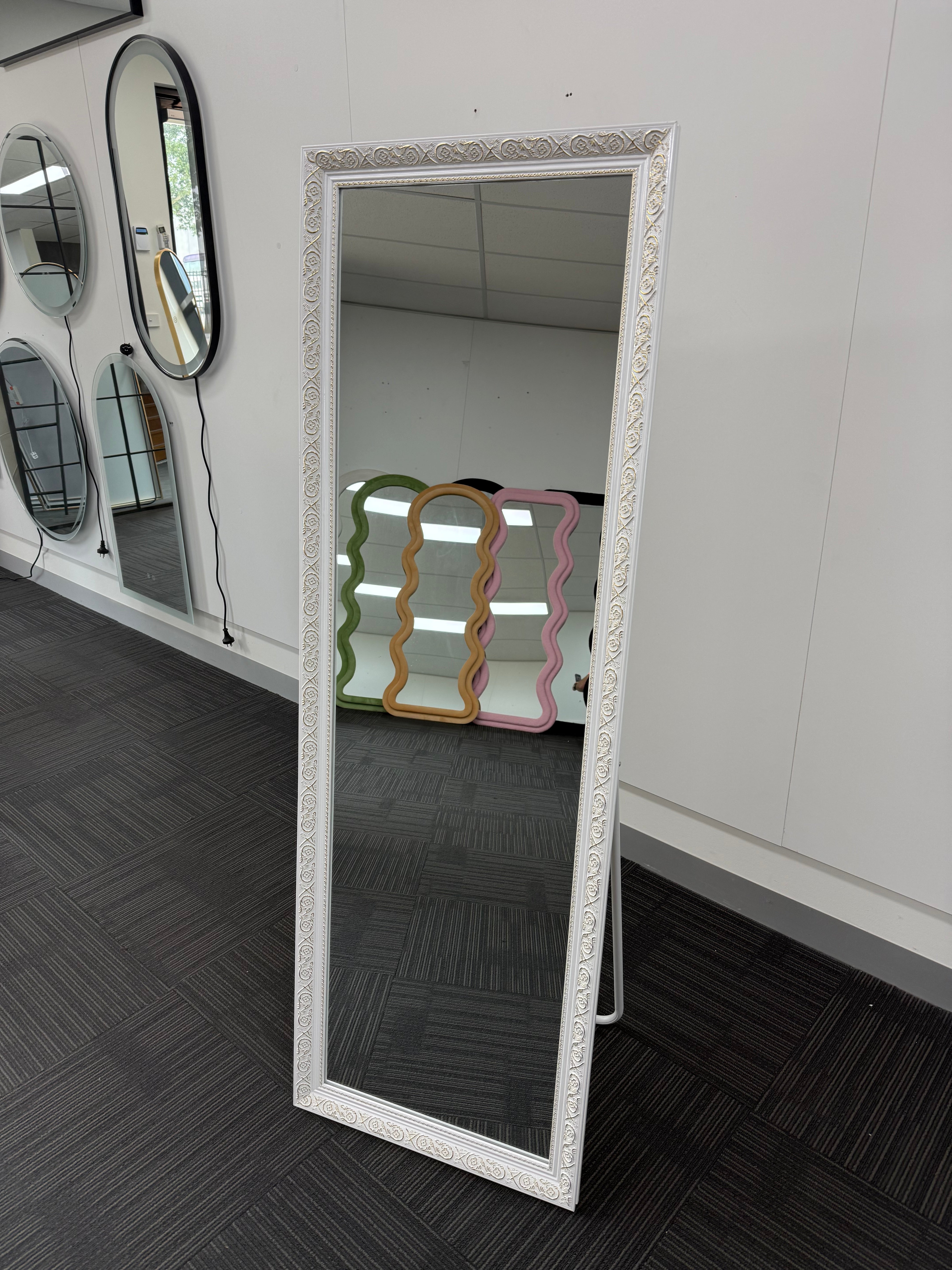 Contemporary White Wood Rectangular Full Length Mirror with Gold Accent 50cm × 150cm Freestanding Decorative Mirror