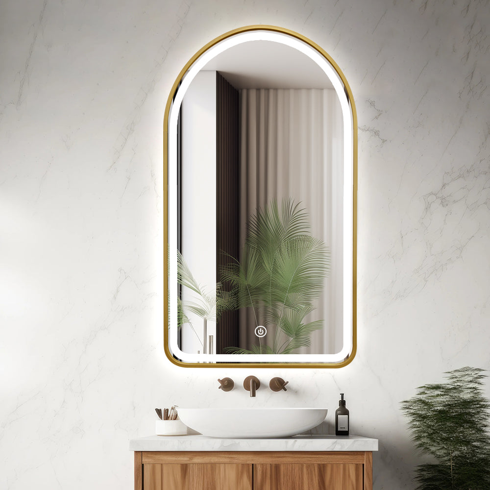 Arched LED Gold Frame Wall Mirror 130cm x 70cm Frosted Defogger Dimmable Vanity