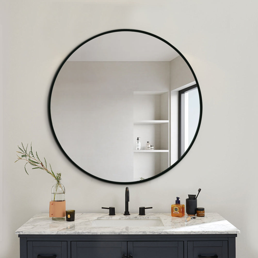 Modern Round Wall Mirror 120cm Black Aluminium Frame