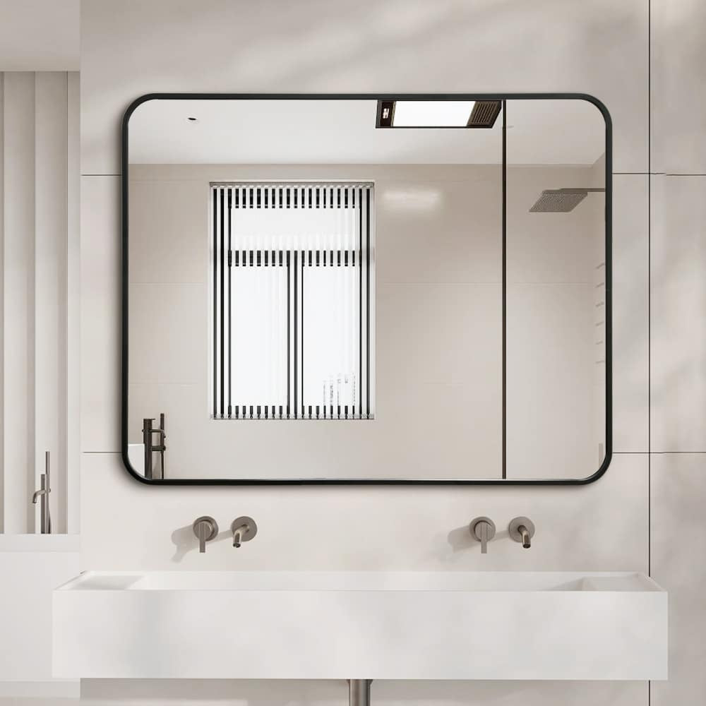 Black Framed Rounded Edge Wall Mirror Modern Rectangular 100cm x 80cm