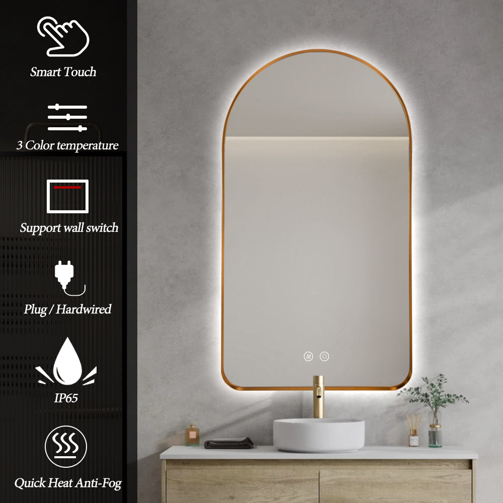 Arched LED Wall Mirror 100cm x 75cm Gold Bevel Frame Backlit Dimmable Defogger