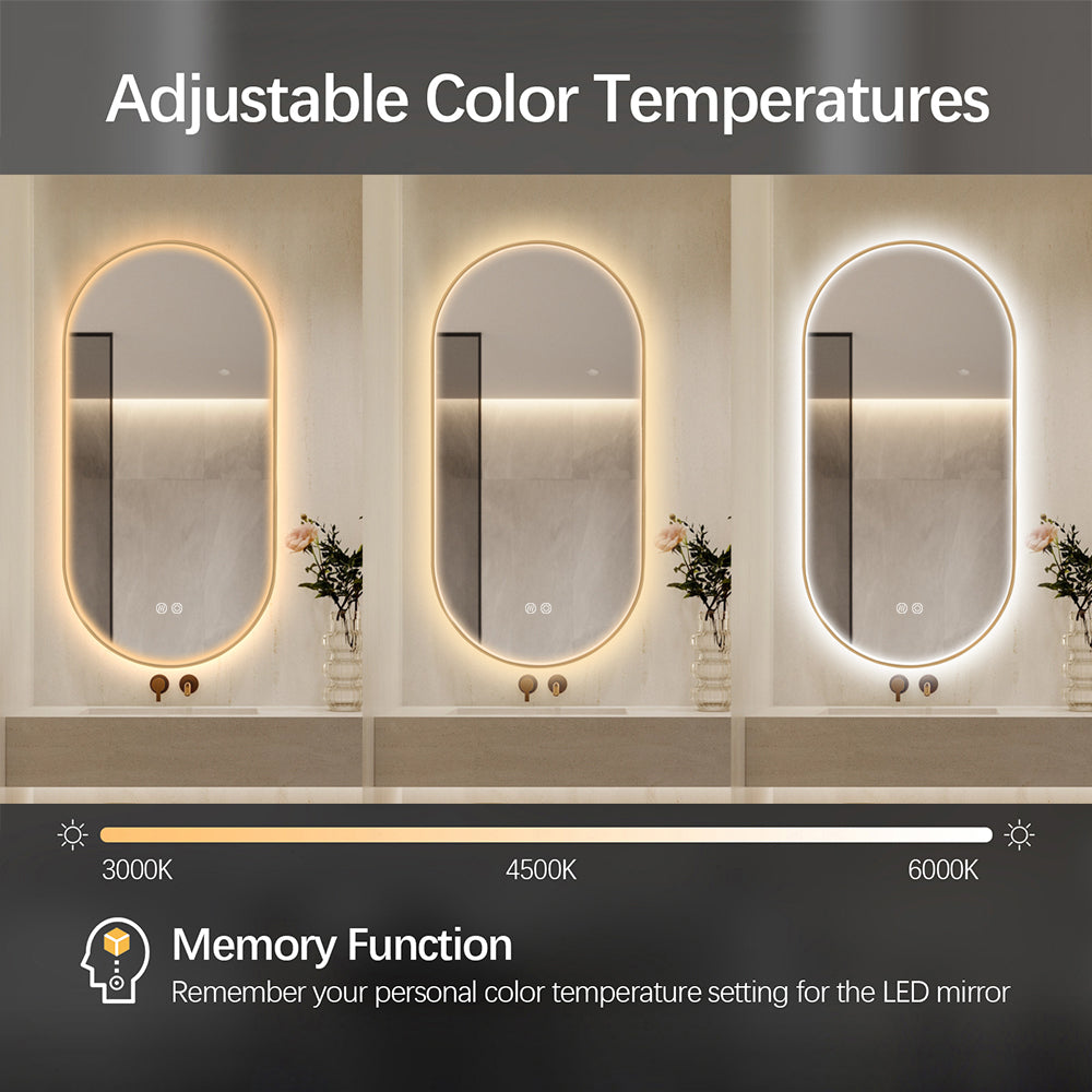 Oval LED Bathroom Mirror 50cm x 100cm Frontlit Gold Frame  Defogger Dimmable