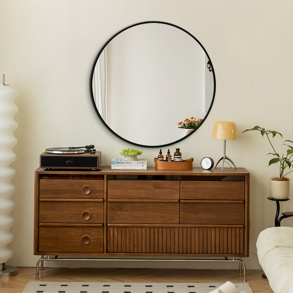 Modern Round Wall Mirror 100cm Black Aluminium Frame