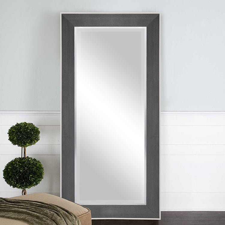 Full Length Stainless Steel Mirror with Grey Leather Frame  183cm x 89cm Wall Mounted Floor Standing