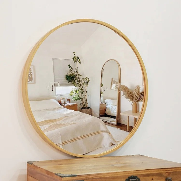 Round Solid Wood Wall Mirror 100cm Log Colour Frame Decorative  Living Room Accent
