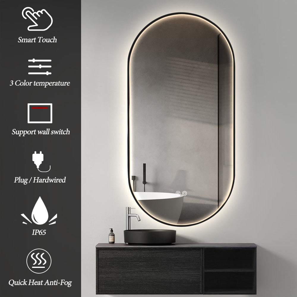 Oval LED Bathroom Mirror 50cm x 100cm Frontlit Black Frame  Defogger Dimmable