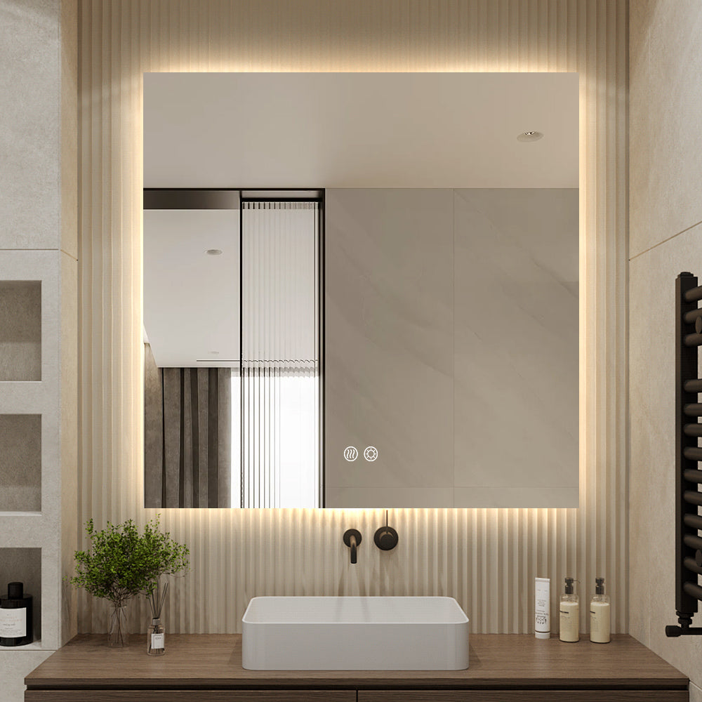 Square LED Bathroom Mirror 80cm x 80cm Frameless Backlit Straight Corner Dimmable
