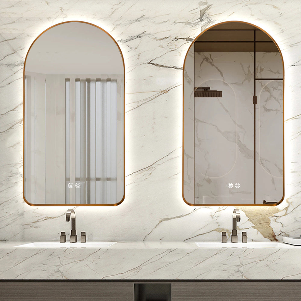 Arched LED Wall Mirror 90cm x 50cm Gold Bevel Frame Backlit Dimmable Defogger