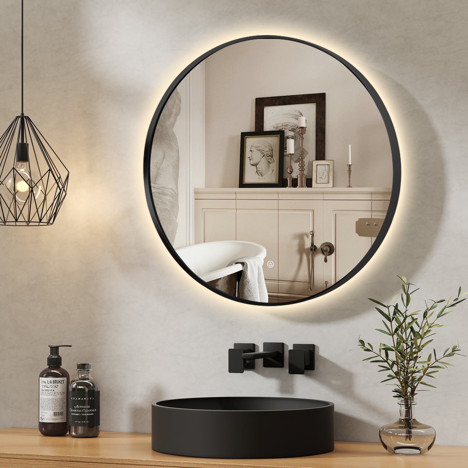 Round LED Mirror 60cm Black Framed Backlit Defogger Dimmable
