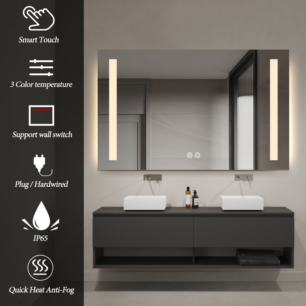 Rectangular Double-Sided Frosted Frontlit LED Mirror 75cm x 120cm Frameless Wall Mounted