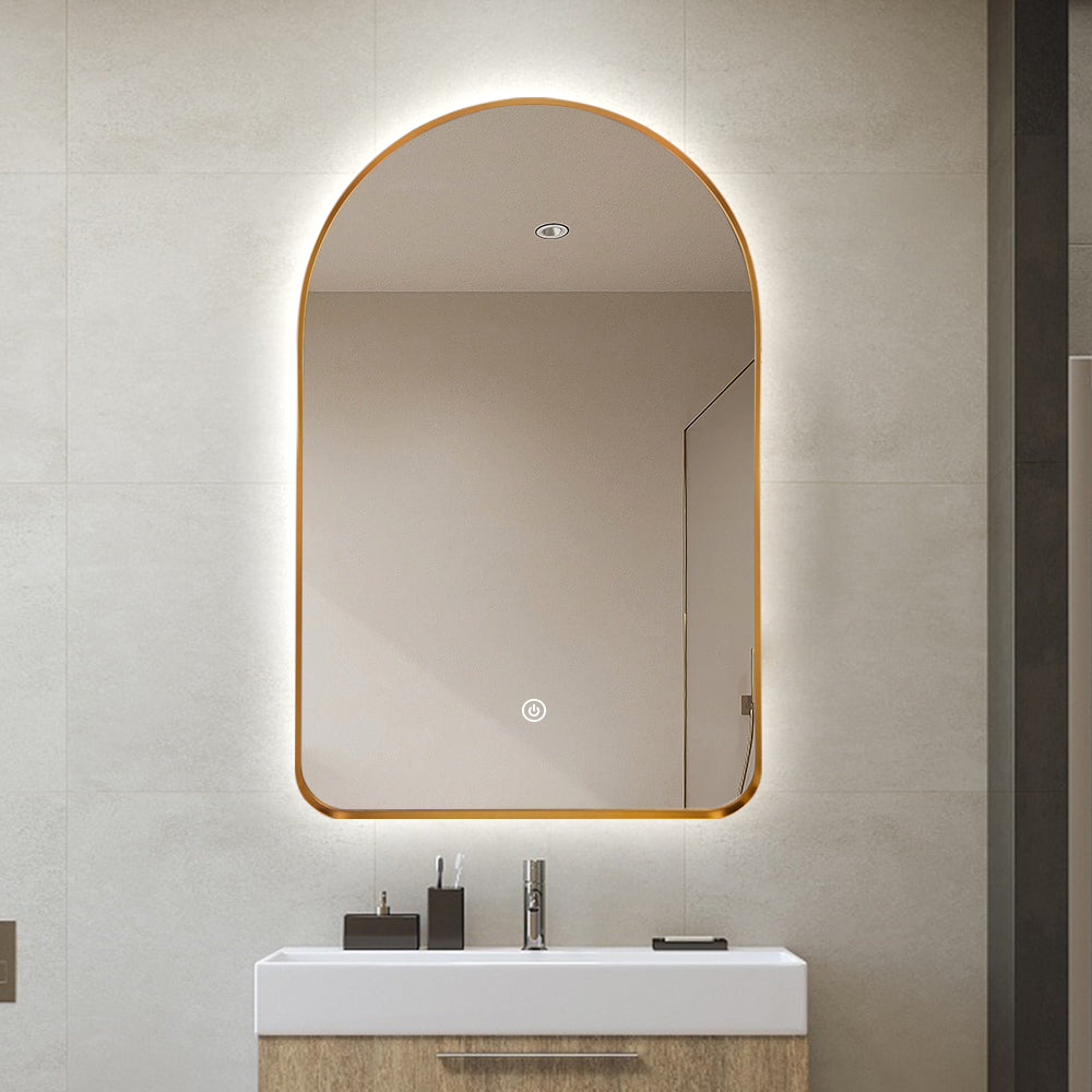 Arched LED Wall Mirror 90cm x 50cm Gold Bevel Frame Backlit Dimmable Defogger