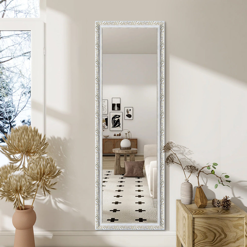 Contemporary White Wood Rectangular Full Length Mirror with Gold Accent 80cm × 180cm Freestanding Decorative Mirror