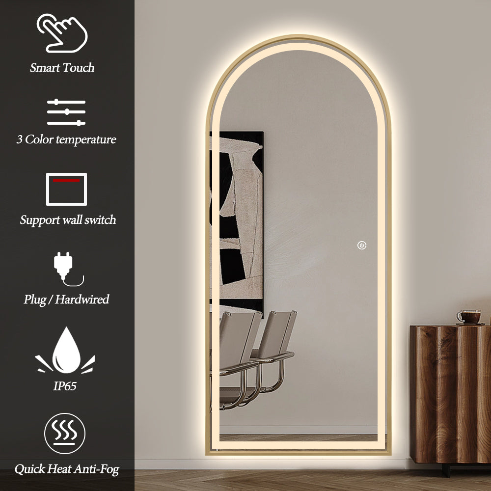 Full Length Arched LED Mirror 180cm x 80cm Freestanding Wall Mounted Gold Frame Dimmable