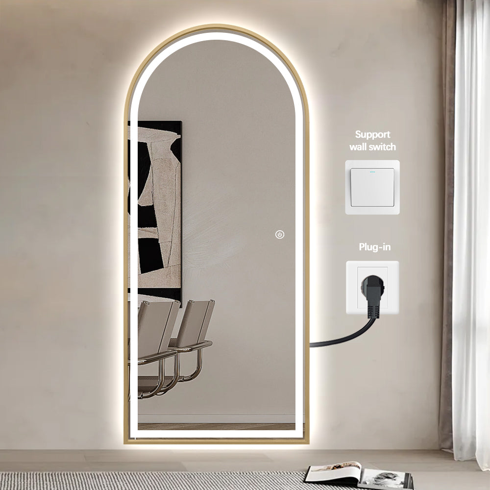 Full Length Arched LED Mirror 180cm x 80cm Freestanding Wall Mounted Gold Frame Dimmable