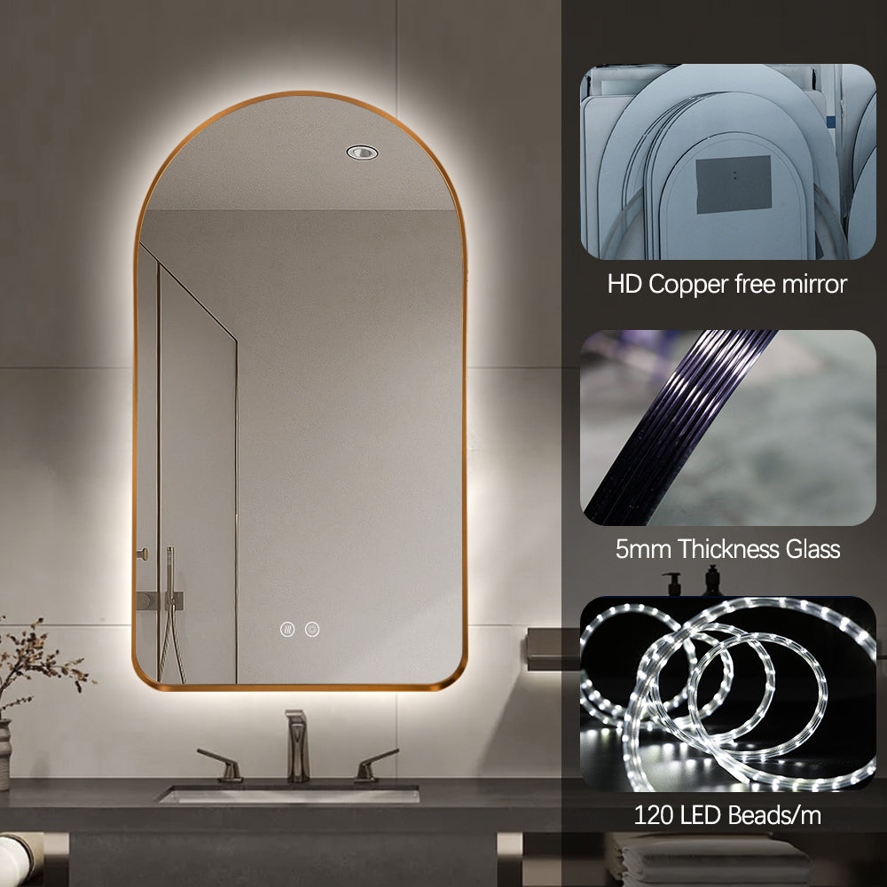 Arched LED Wall Mirror 90cm x 50cm Gold Bevel Frame Backlit Dimmable Defogger