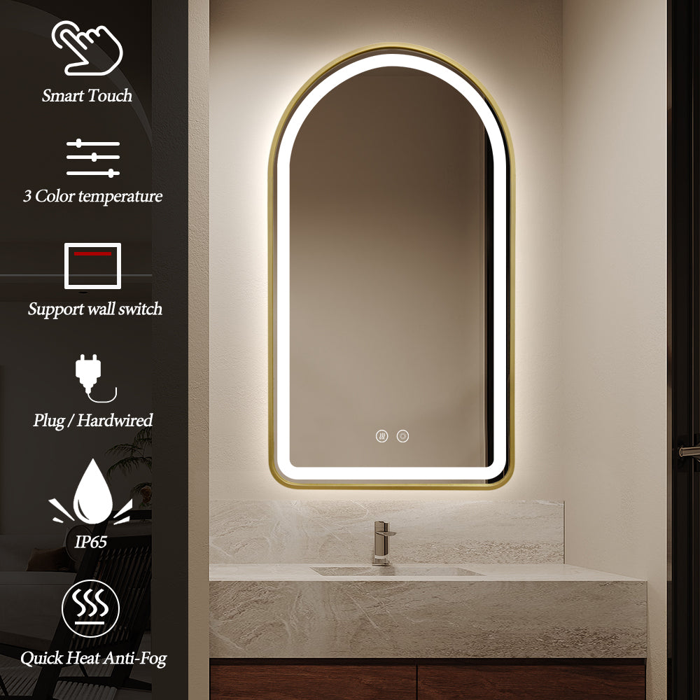 Arched LED Gold Frame Wall Mirror 100cm x 75cm Frosted Defogger Dimmable Vanity