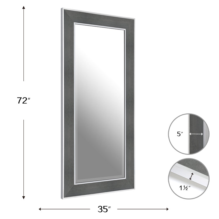 Full Length Stainless Steel Mirror with Grey Leather Frame  183cm x 89cm Wall Mounted Floor Standing