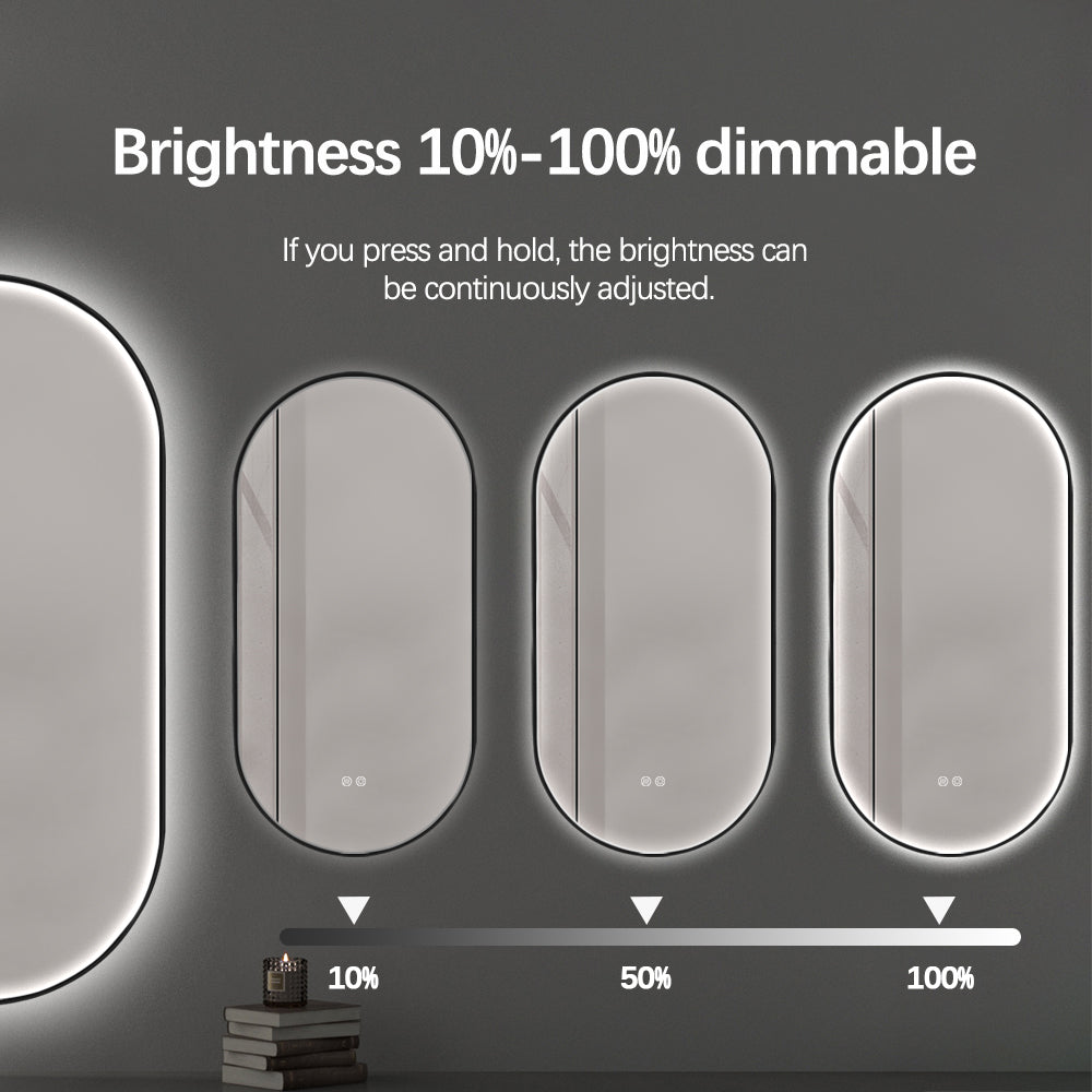Oval LED Bathroom Mirror 50cm x 100cm Frontlit Black Frame  Defogger Dimmable
