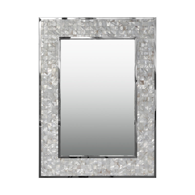 Luxury Silver Rectangular Wall Mirror with Shell Inlay 77cm x 57cm Brushed Stainless Steel Frame