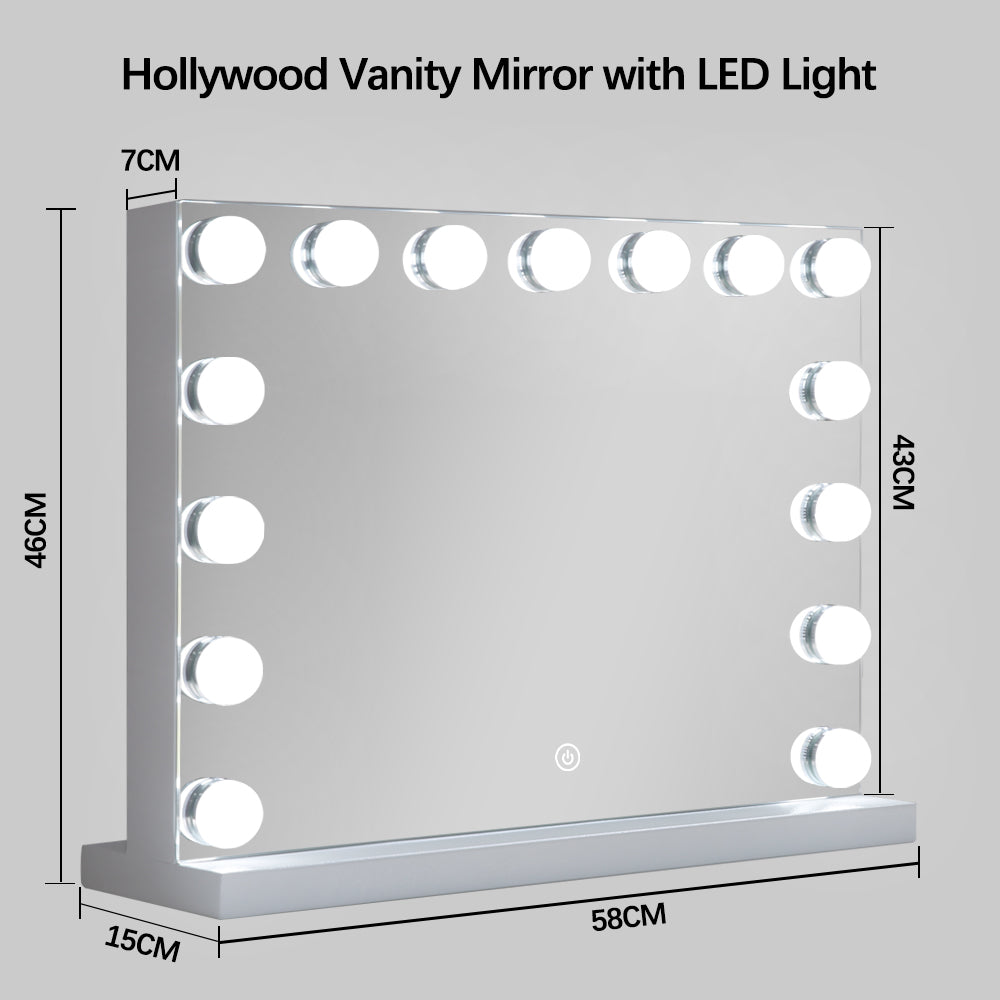 Rectangular Hollywood LED Makeup Mirror 46cm x 58cm Frontlit Touch Sensor Vanity Tabletop Beauty Mirror
