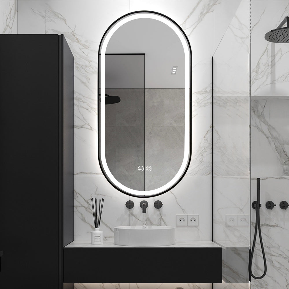 Black Oval LED Bathroom 90cm x 45cm Frosted Edge Defogger Dimmable Vanity Wall Mirror