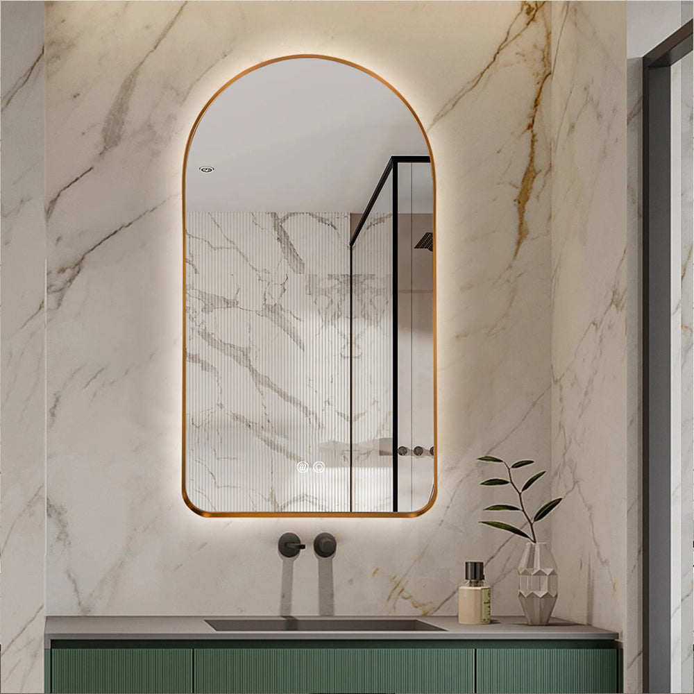 Arched LED Wall Mirror 130cm x 70cm Gold Bevel Frame Backlit Dimmable Defogger