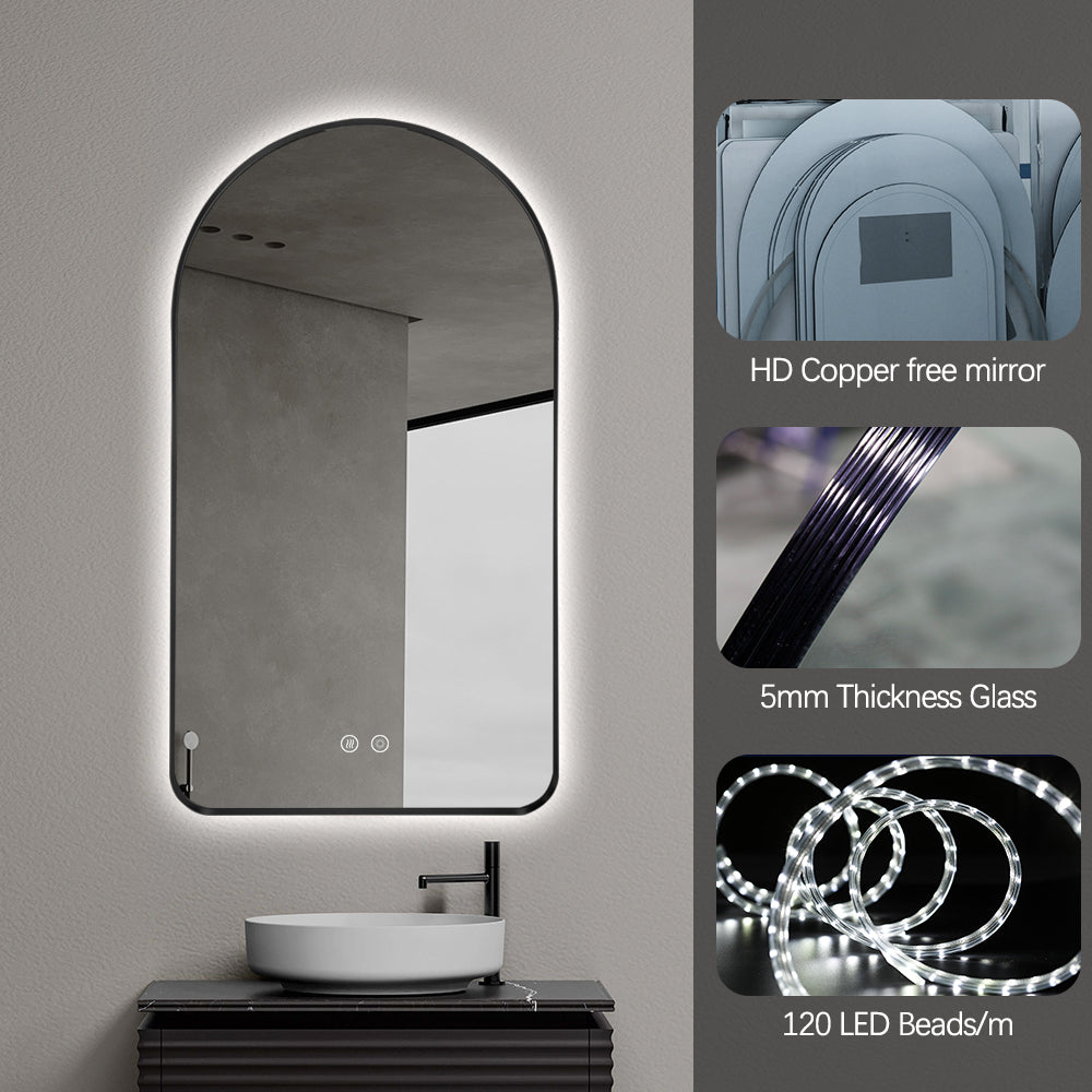 Arched LED Wall Mirror 130cm x 70cm Black Bevel Frame Backlit Dimmable Defogger