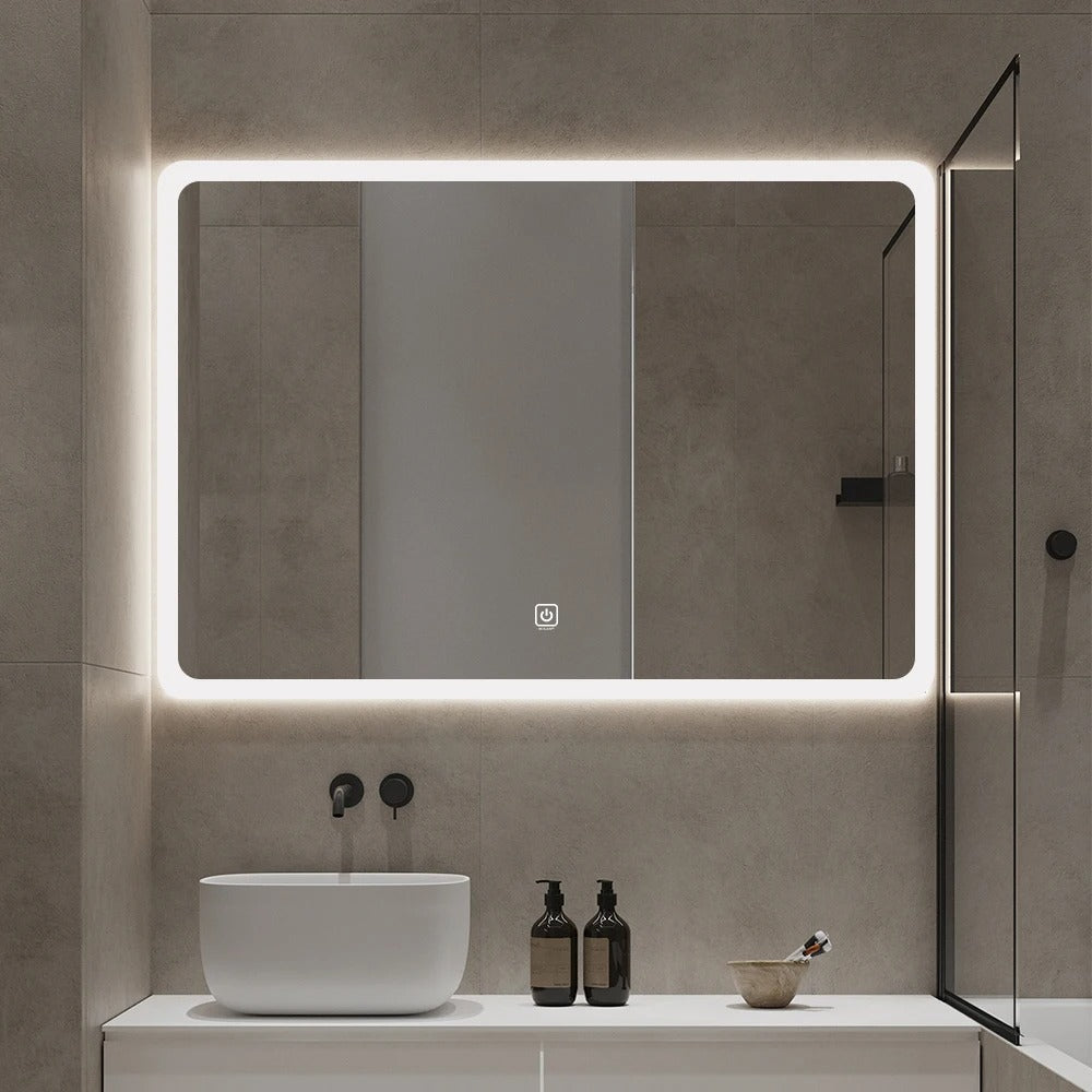 Rectangular LED Mirror 100cm  x 75cm Frameless Frosted Wall Mounted Bathroom Defogger Dimmable Touch Sensor