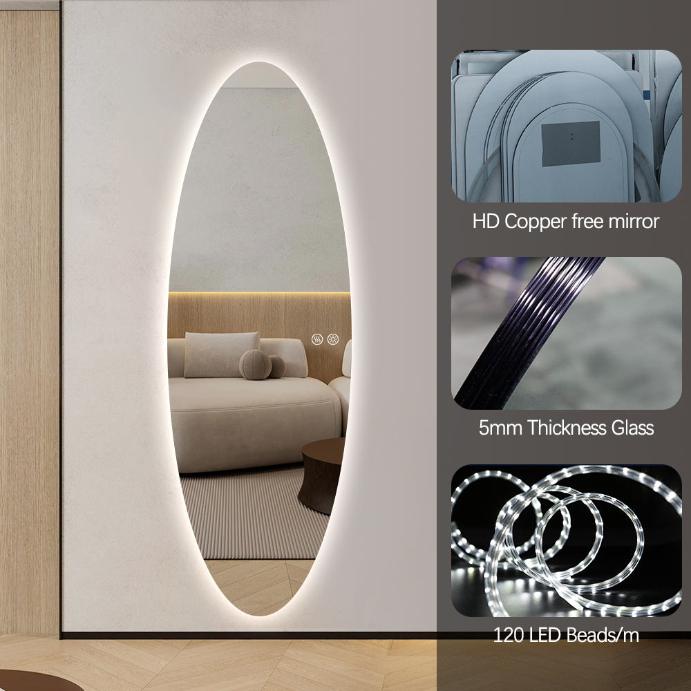 Modern Oval Glow LED Mirror 50cm × 150cm Frameless Tricolour Dimmable Wall Mounted Mirror