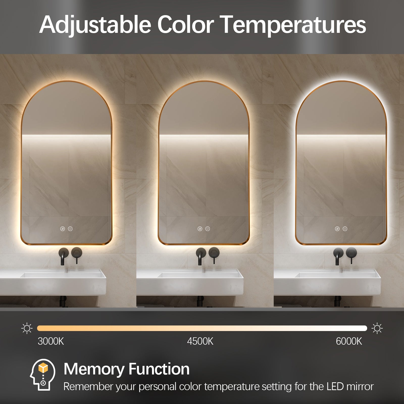 Arched LED Wall Mirror 100cm x 75cm Gold Bevel Frame Backlit Dimmable Defogger