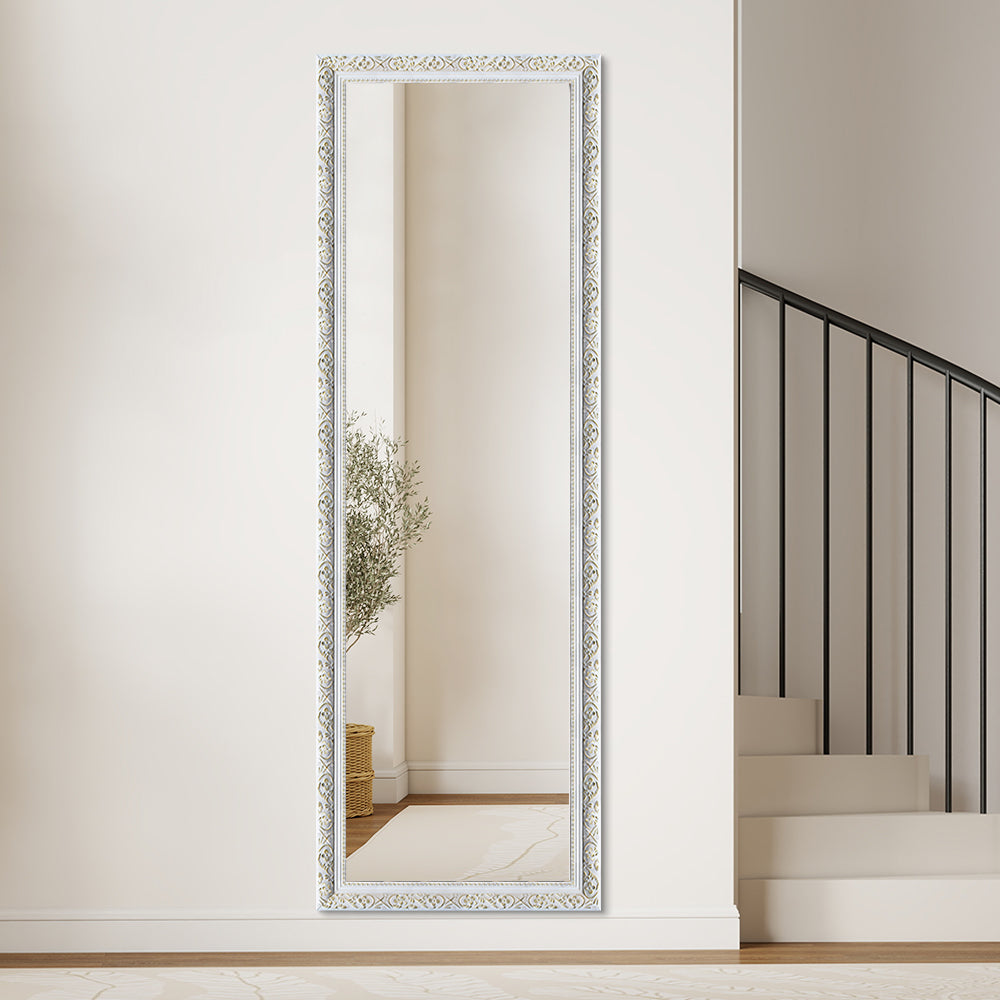 Contemporary White Wood Rectangular Full Length Mirror with Gold Accent 50cm × 150cm Freestanding Decorative Mirror