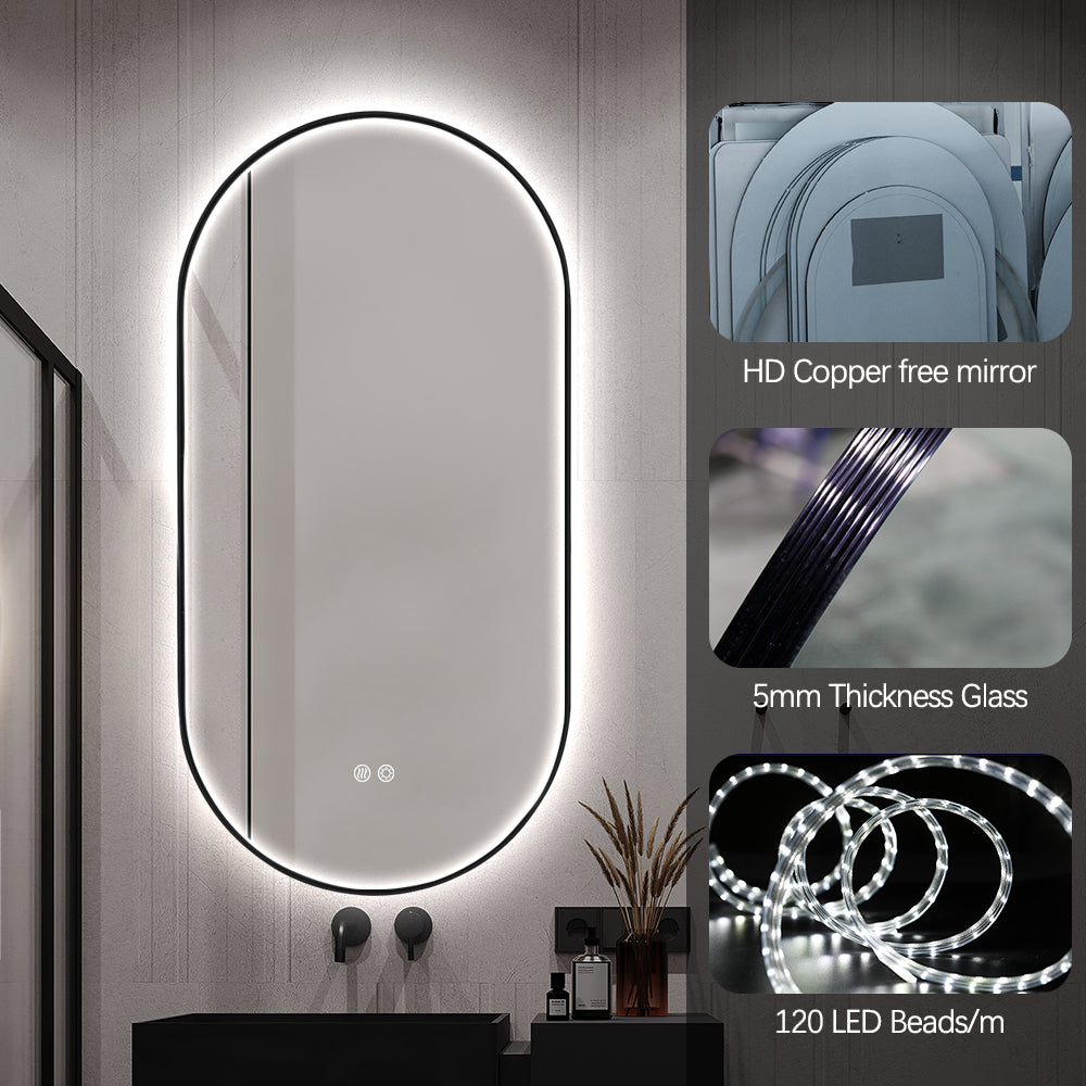 Oval LED Bathroom Mirror 50cm x 100cm Frontlit Black Frame  Defogger Dimmable