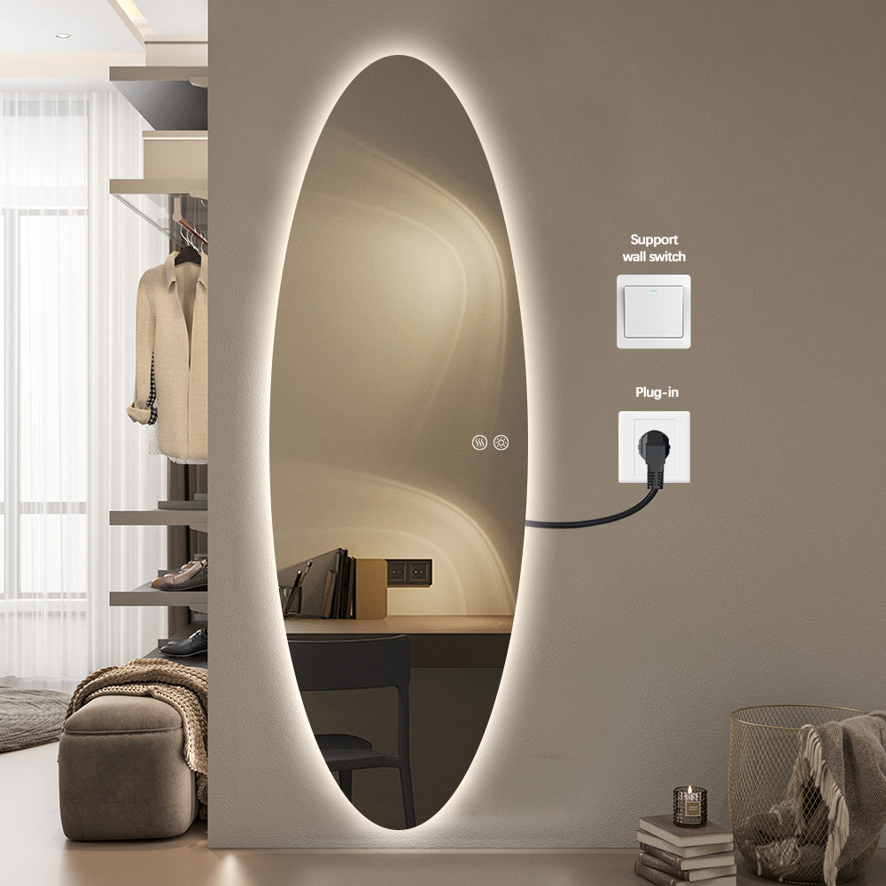 Modern Oval Glow LED Mirror 50cm × 150cm Frameless Tricolour Dimmable Wall Mounted Mirror