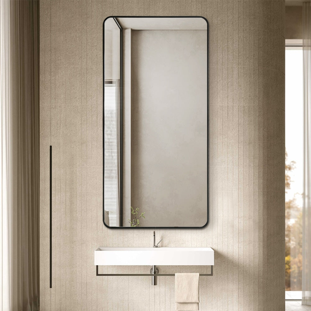 Long Rounded Modern Rectangular Wall Mirror 70cm x 140cm Black Aluminium Alloy Frame