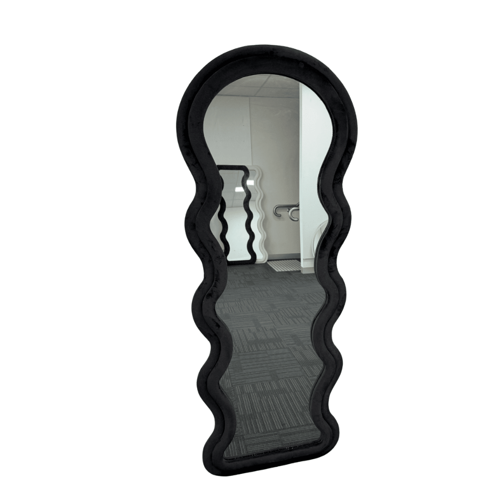 Modern Arched Wavy Velvet Full Length Mirror 160cm x 60cm Black Wall Mirror
