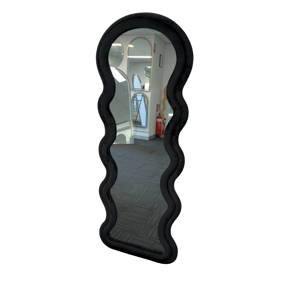 Modern Arched Wavy Velvet Full Length Mirror 160cm x 60cm Black Wall Mirror