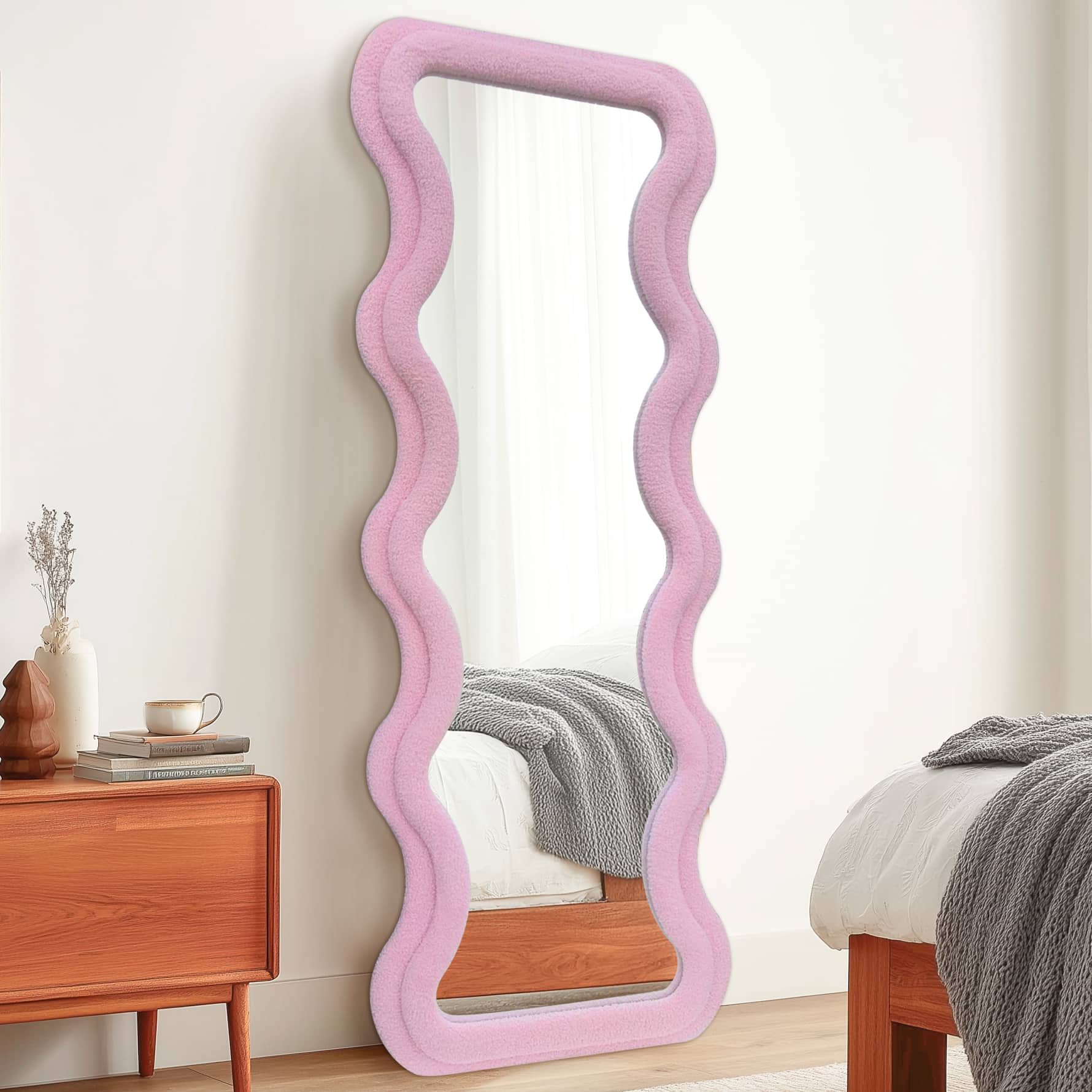 Modern Wavy Teddy Velvet Full Length Mirror 160cm x 60cm Pink Decorative Wall Mirror